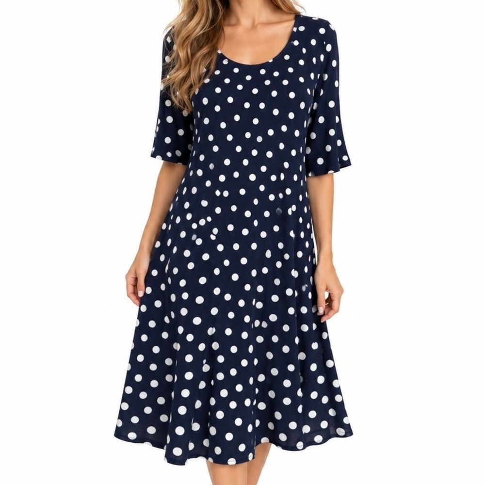 Susan Graver Navy White Polka Dot Midi Dress Petite Medium MP